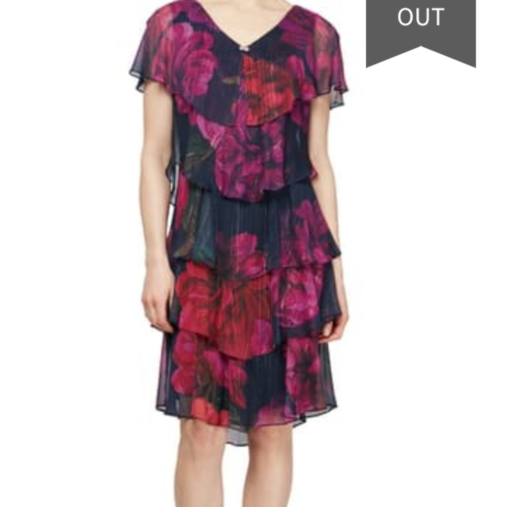 S.L Fashions Short Sleeve Floral Tiered Shift Dres